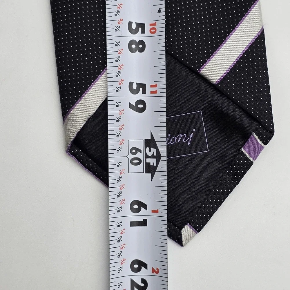 Brioni Black Silk Tie Purple Silver Stripe Handmade Italy Classic‎ Luxury